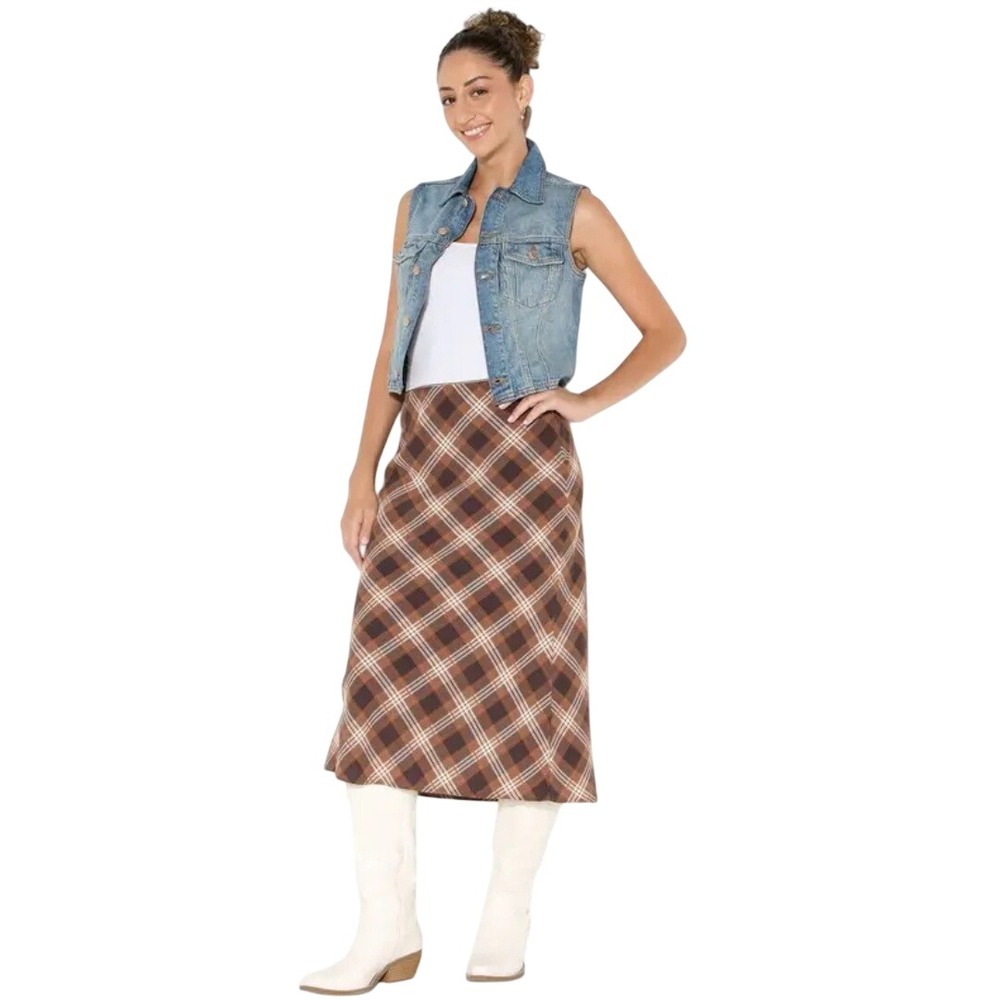Wild Fable Women's Brown‎ Plaid Lace Trim Midi Skirt Size Large